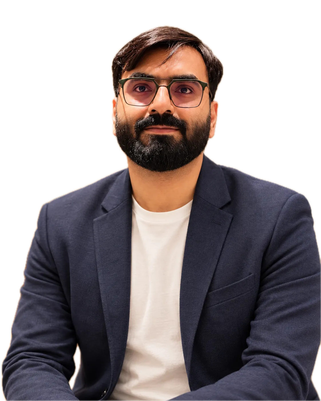 Ali Sufyan, in a navy blazer and white T-shirt