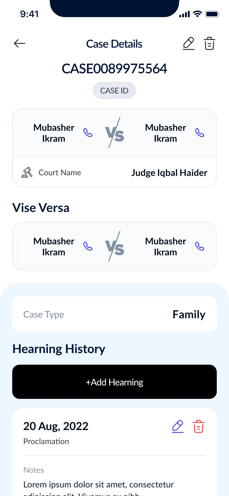 Lawyer Diary case detail with both parties, the court and the hearing history