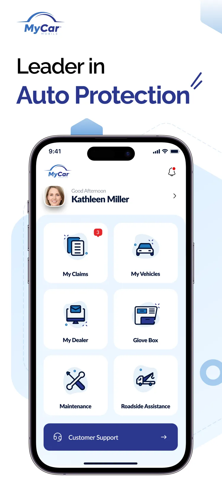 MyCar Mobile App Store screenshot: the home screen with claims, vehicles, dealer, glove box, maintenance and roadside assistance
