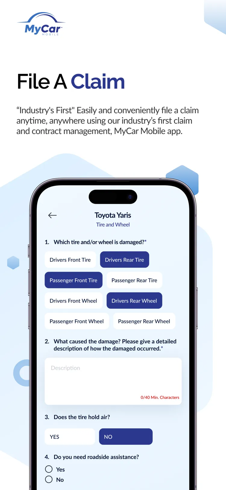 MyCar Mobile App Store screenshot: filing a tire and wheel claim