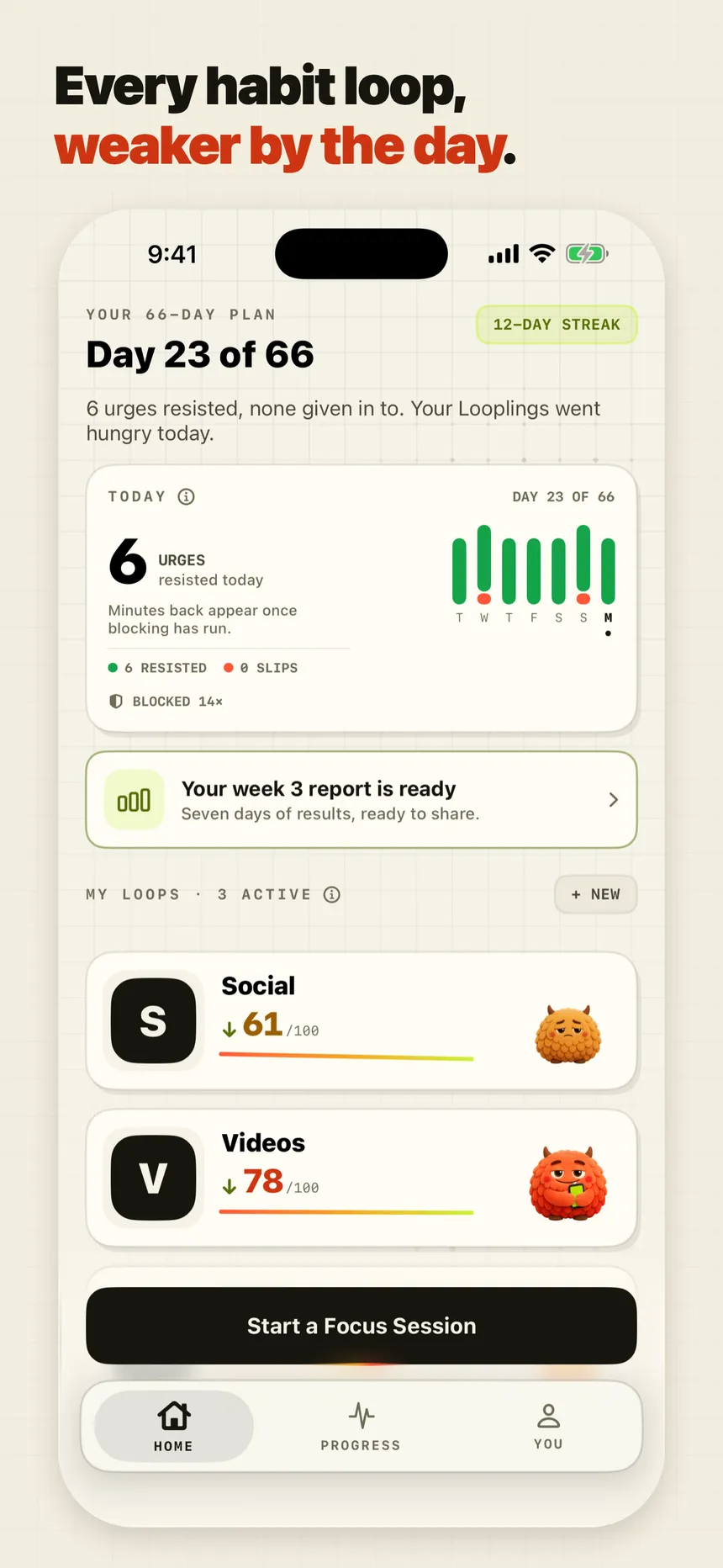 Unloop App Store screenshot: the home screen on day 23 of a 66-day plan, with a habit score for each app